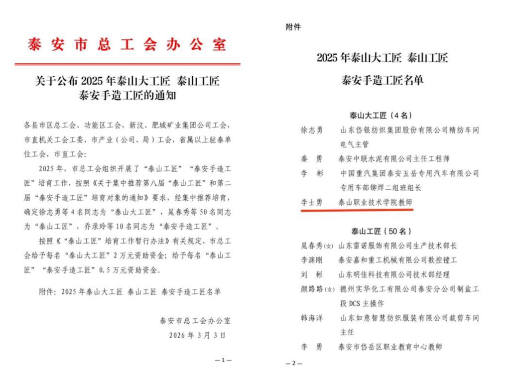 学校教师李士勇荣膺第八届“泰山大工匠”称号